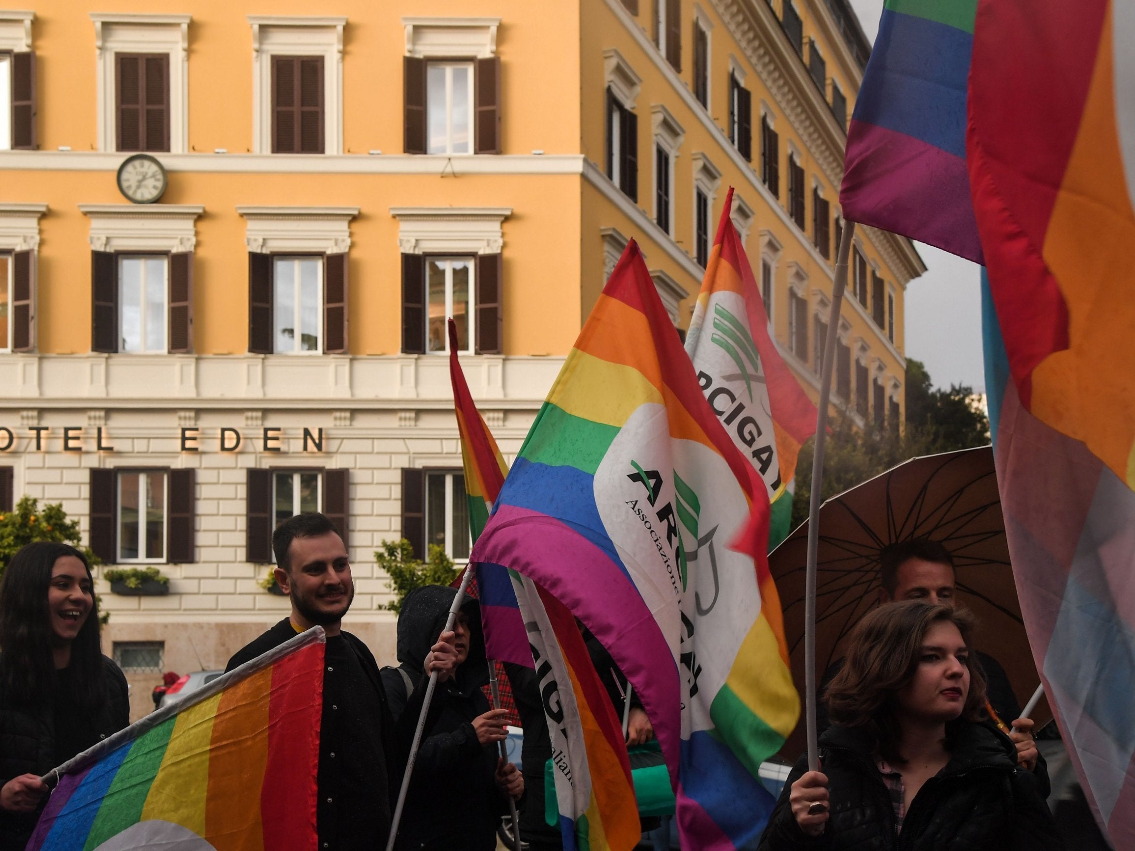 Activists in Rome protest outside a hotel owned by Brunei