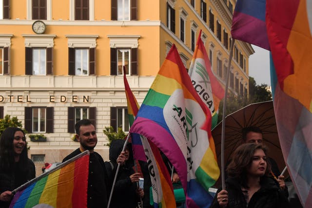 Activists in Rome protest outside a hotel owned by Brunei