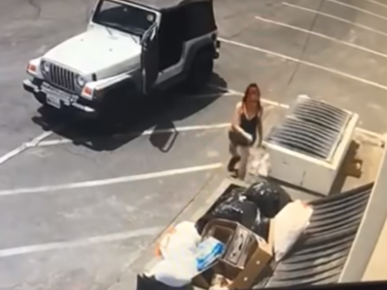 The woman is caught on camera tossing the bag containing the pups onto a waste container