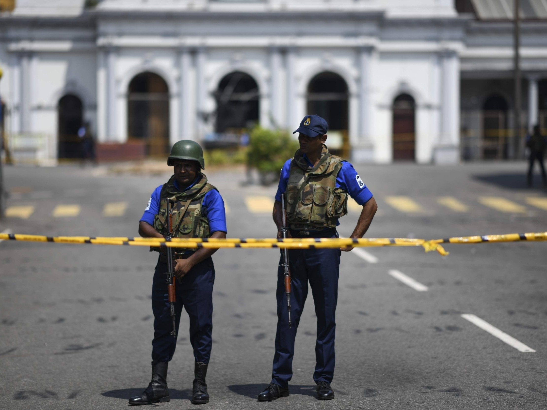 Security personnel stand guard near St Anthony's Shrine in Colombo on April 24