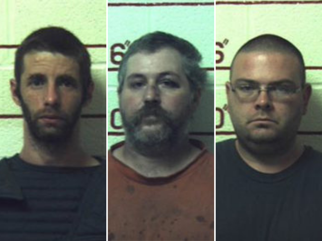 (L-R) Marc Measnikoff, Terry Wallace and Matthew Brubaker have been jailed after having sex with horses, a cow, a goat and dogs at their remote 'makeshift farm' in Munson, Pennsylvania.