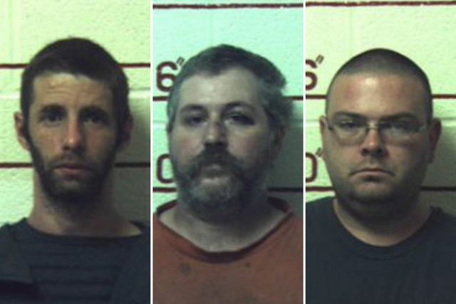(L-R) Marc Measnikoff, Terry Wallace and Matthew Brubaker have been jailed after having sex with horses, a cow, a goat and dogs at their remote 'makeshift farm' in Munson, Pennsylvania.