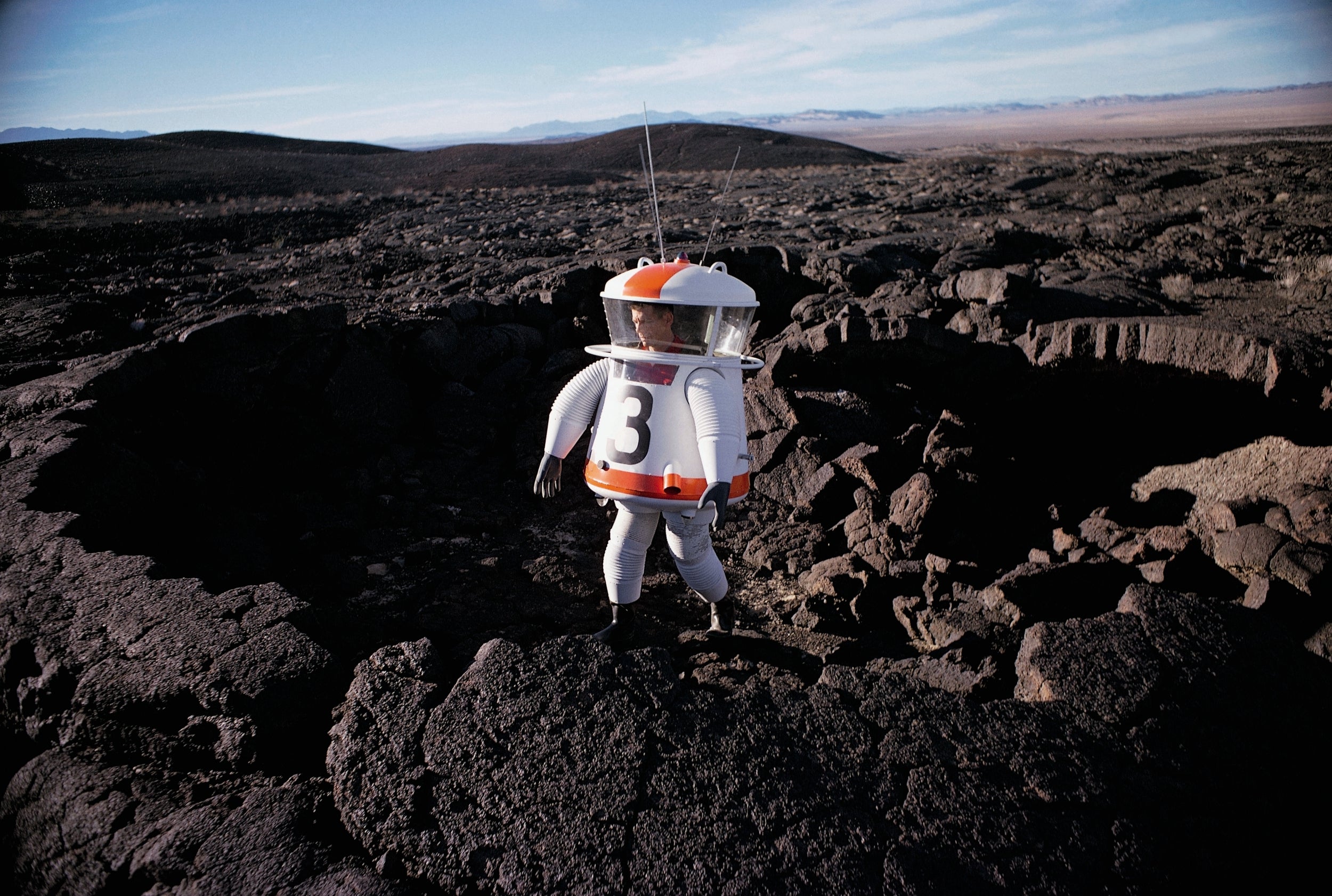 Inventor Allyn Hazard tests a moon suit concept in a crater in California’s Mojave Desert