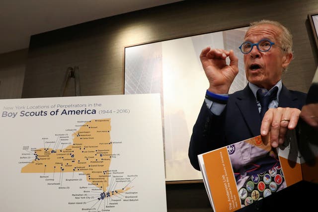 Attorney Jeff Anderson speaks during a news conference accusing the Boy Scouts of America of harboring thousands of sexual abusers in New York, US, 23 April 2019.