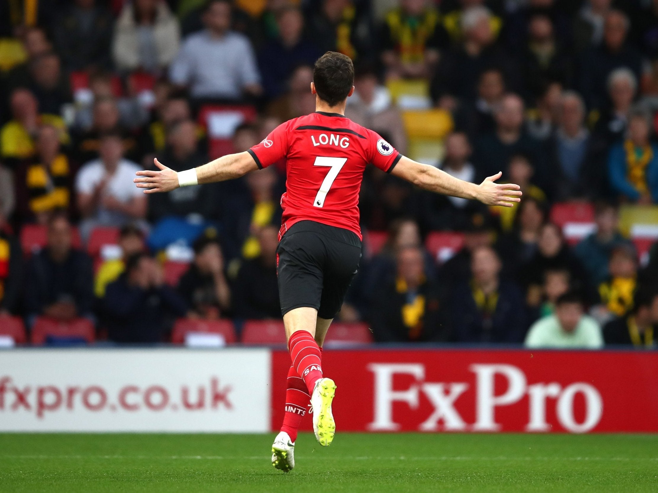 Shane Long of Southampton celebrates after scoring the fastest goal in Premier League history