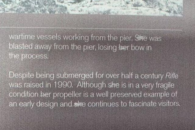 A vandal defaced signs at the Scottish Maritime Museum that referred to boats with feminine pronouns