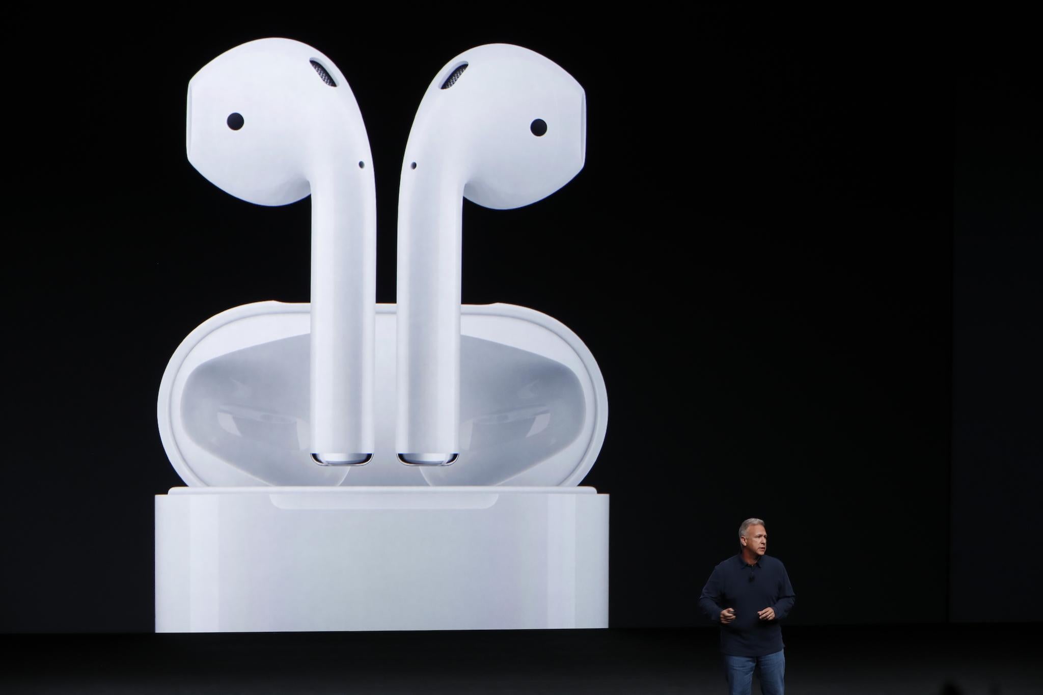 Apple Senior Vice President of Worldwide Marketing Phil Schiller announces AirPods during a launch event on September 7, 2016 in San Francisco, California