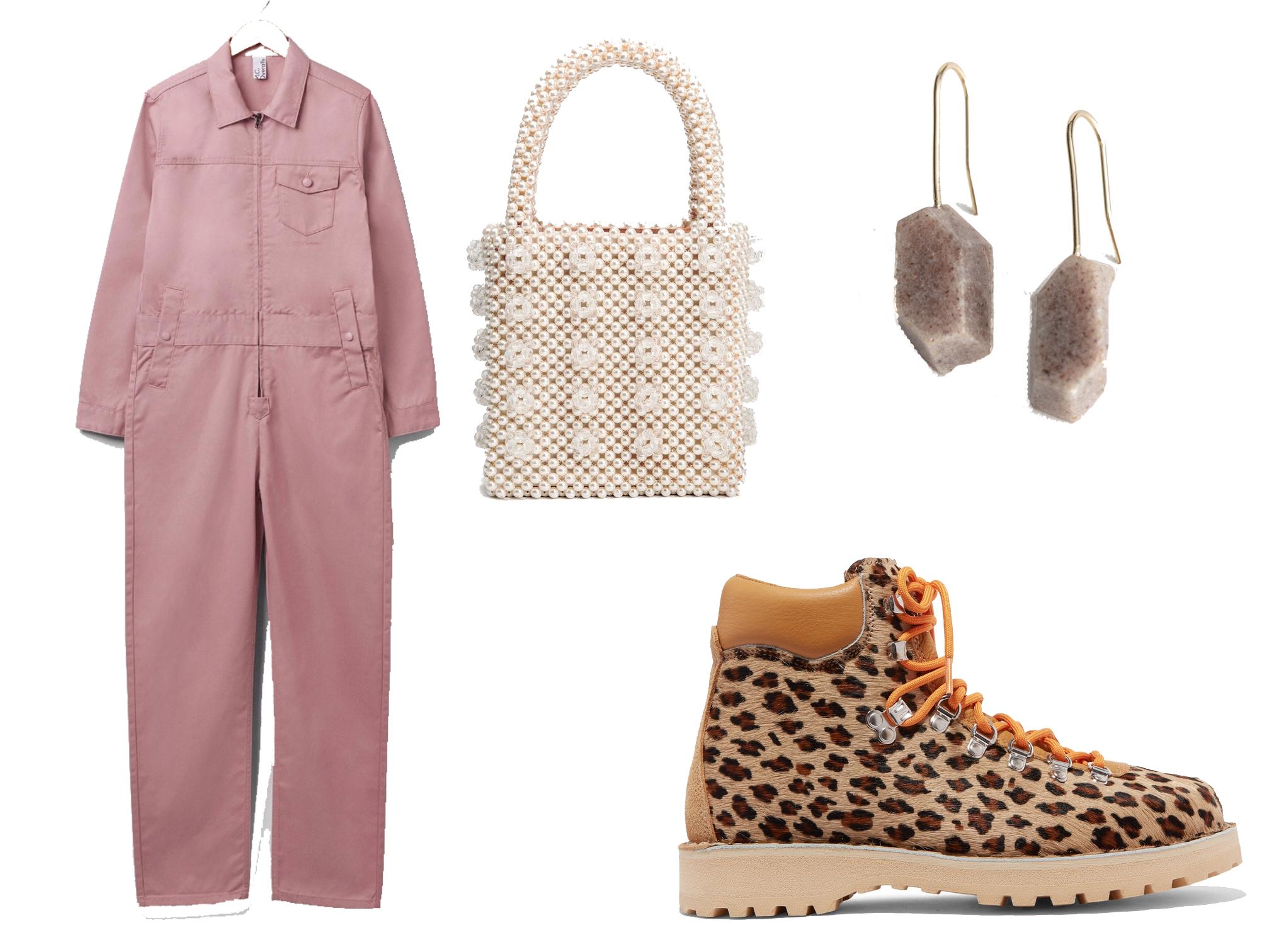 MC Overalls polycotton collared zip overall: £150, Shrimps Antonia bag in cream: £450, & Other Stories raw edge stone hanging earrings: £17, Diemme, brown and black leopard print boots: £340.