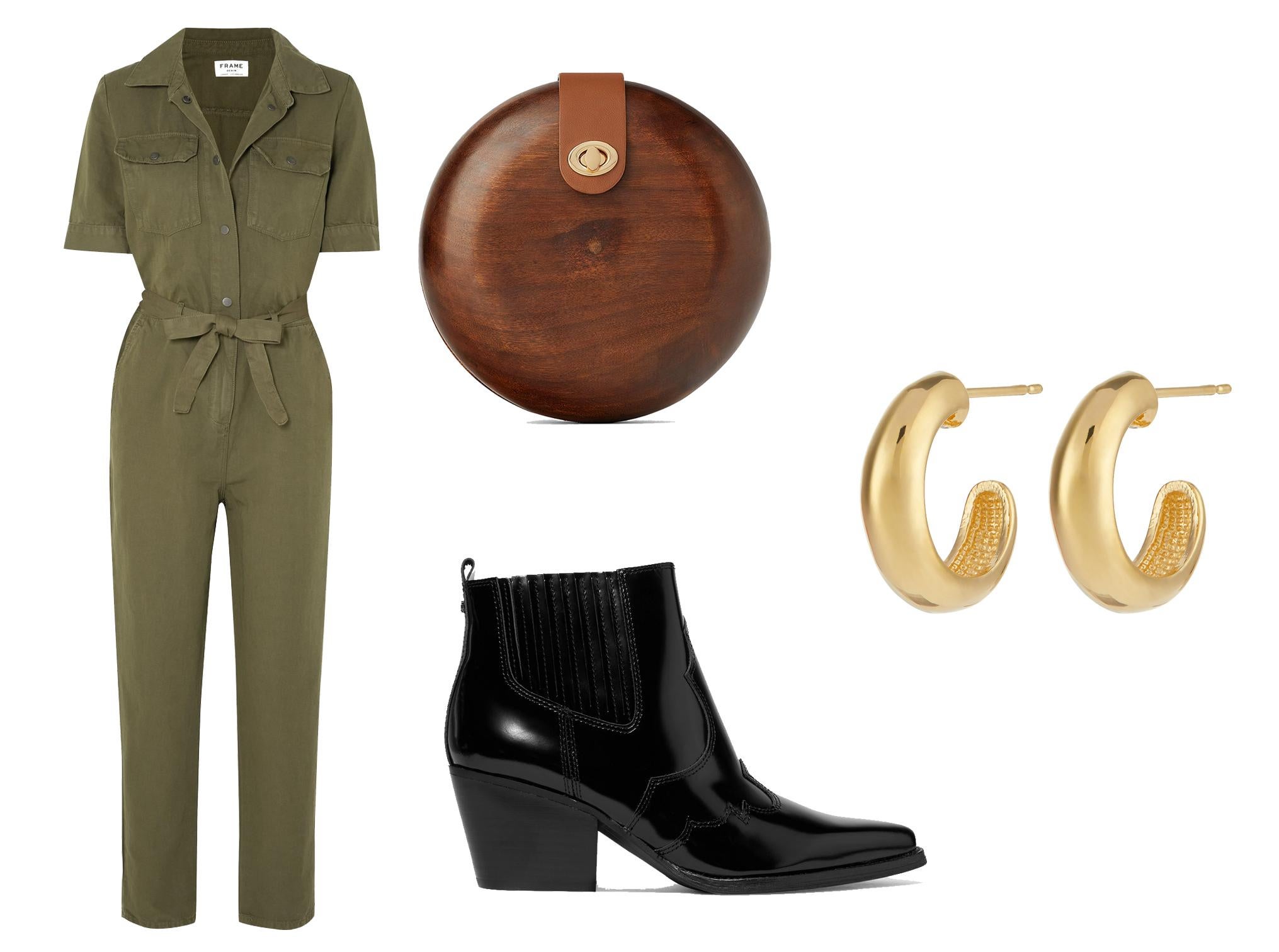 Frame belted cotton and linen-blend jumpsuit: £320, Zara crossbody wooden bag: £29.99, Sam Edelman Winona glossed-leather ankle boots: £165, Accessorize chunky small hoop earrings: £12
