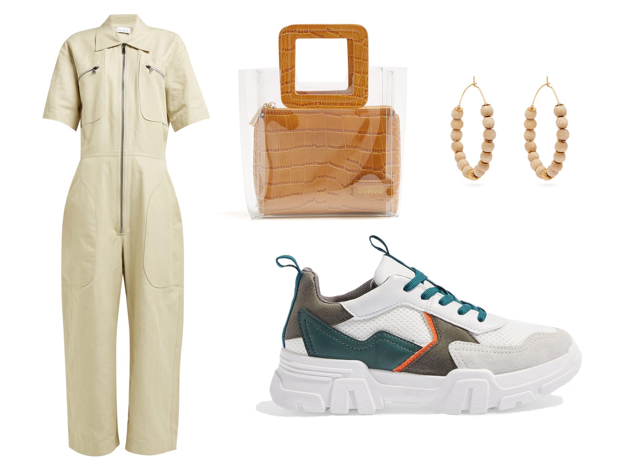 Raey zip-front cotton-blend jumpsuit: £495, Staud mini Shirley leather & PVC tote bag: £160, Elise Tsikis lakkia beaded hoop earrings: £100, Topshop Casablanca chunky trainers: £25