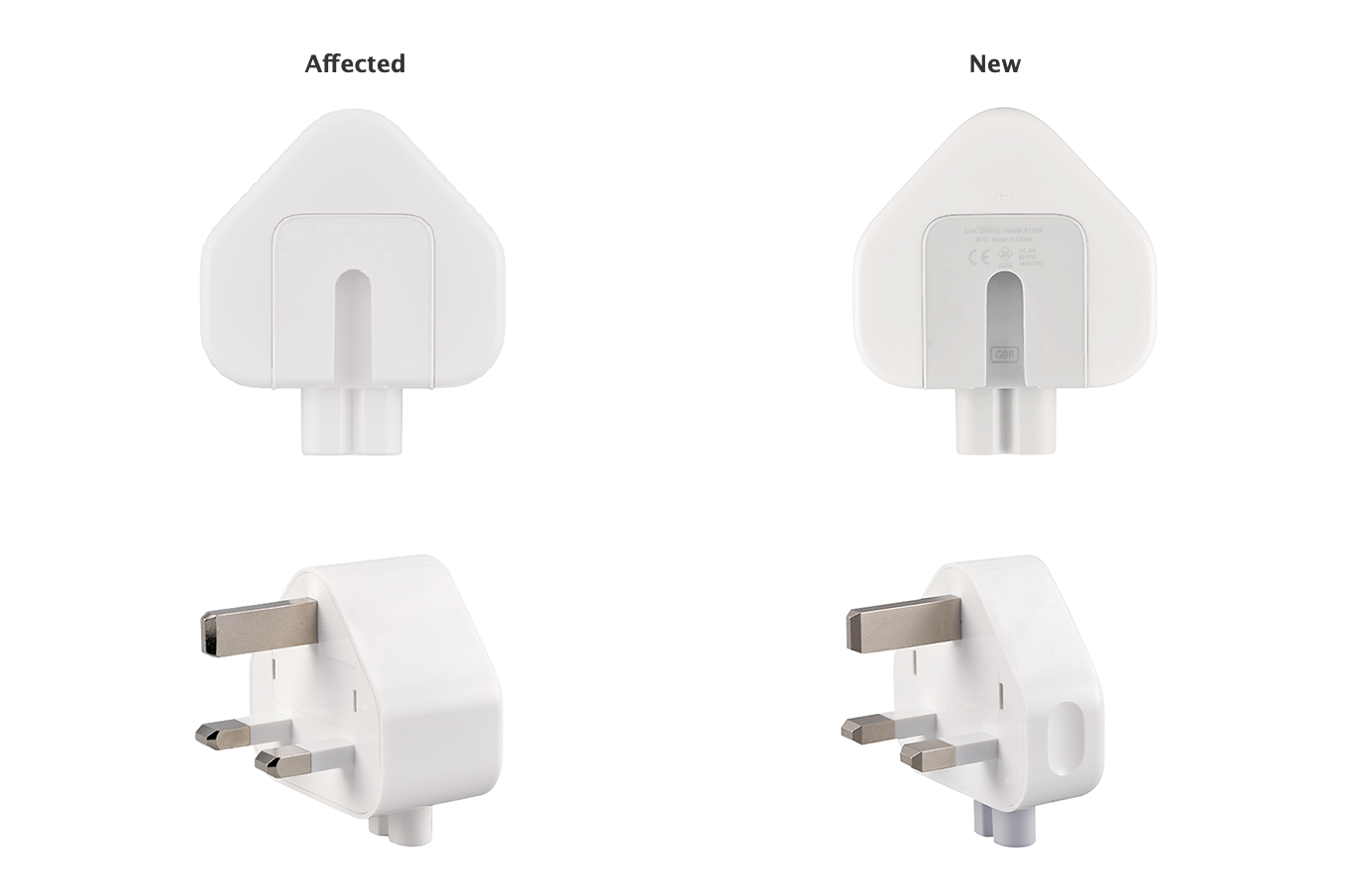 &#13;
The affected three-prong wall adapters are white with no letters in the inside slot (Apple)&#13;