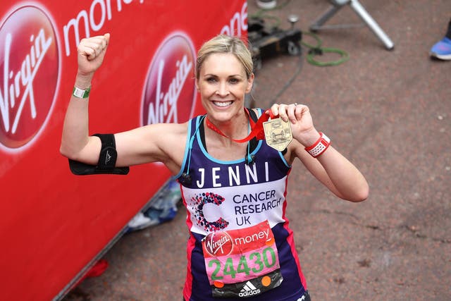Jenni Falconer poses for a photo after completing the Virgin London Marathon on April 23, 2017 in London, England