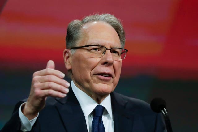 Wayne LaPierre speaks at the NRA conference in Indianapolis on Saturday, 27 April