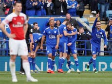Leicester thrash 10-man Arsenal to dent Gunners’ top-four hopes