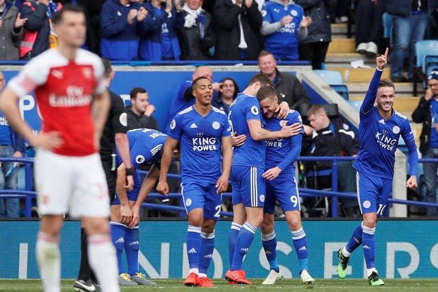 Leicester players celebrate Jamie Vardy's first goal