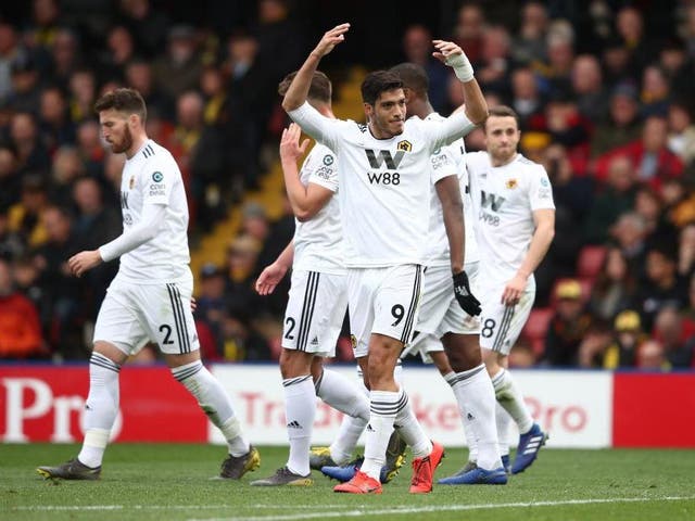 Raul Jimenez celebrates in front of the Wolves supporters