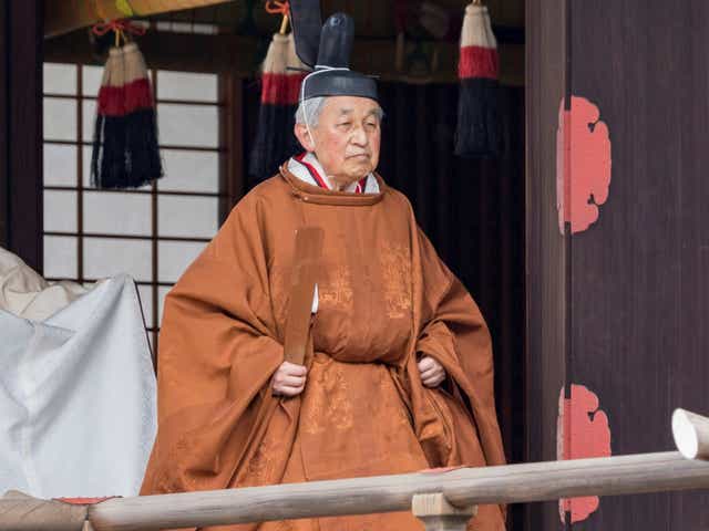 Japan's Emperor Akihito walks for a ritual called Taiirei-Tojitsu-Kashikodokoro-Omae-no-gi, a ceremony for the Emperor to report the conduct of the abdication ceremony, at the Imperial Palace in Tokyo, Japan, 30 April 2019.