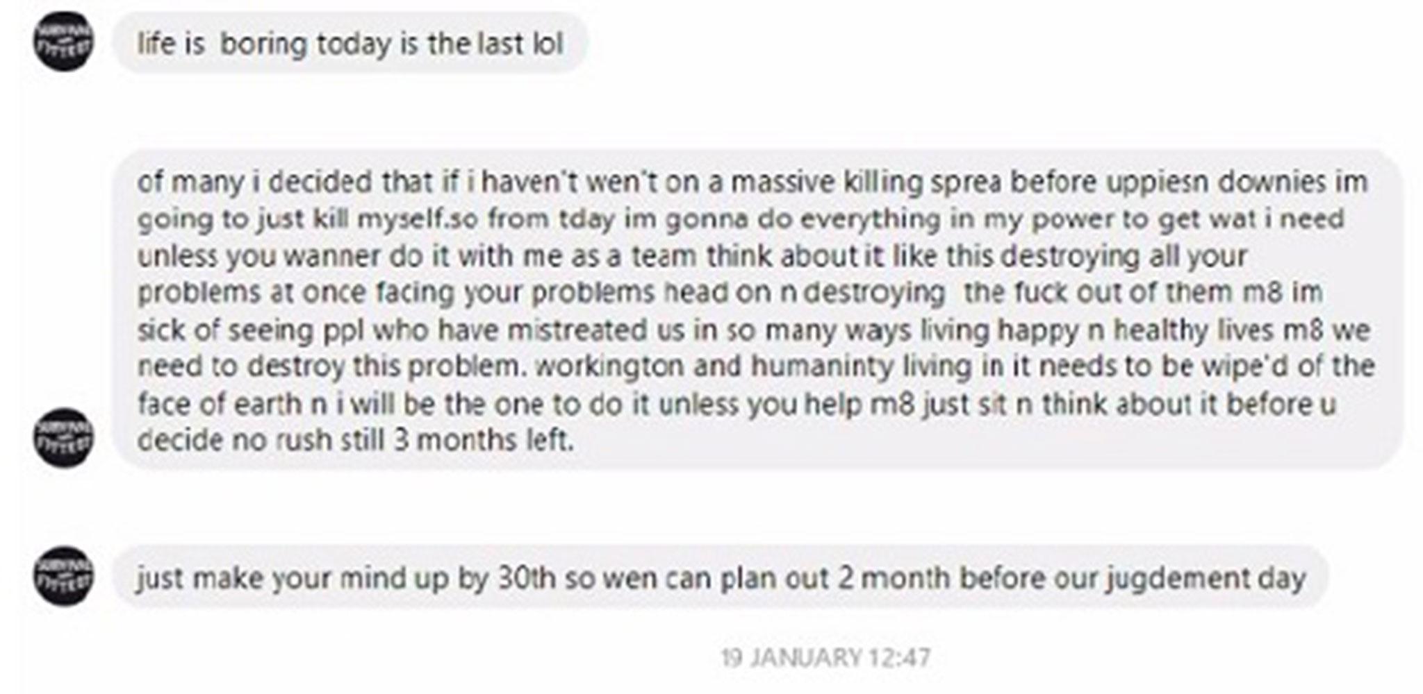 Facebook messages sent by Fletcher to a friend in January 2018 as he plotted a massacre in Cumbria (CPS)