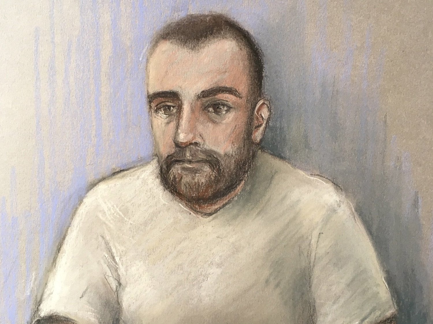 Court artist sketch by Elizabeth Cook of Jack Shepherd as he appears before Plymouth Magistrates' Court via video link charged with assaulting a barman with a bottle, on 30 April