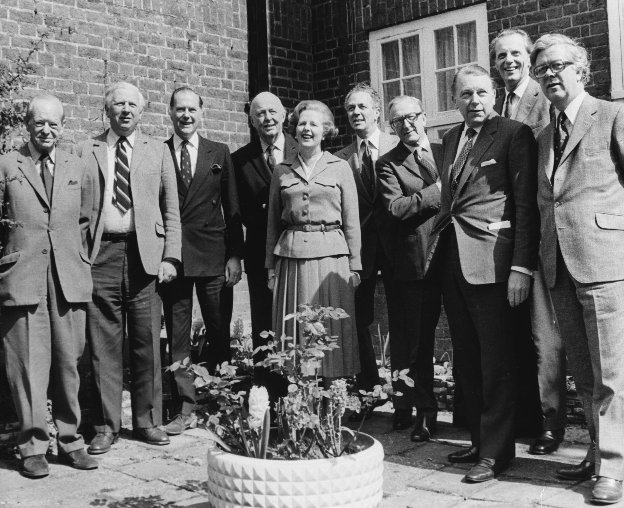 Thatcher with her cabinet-to-be, including Sir Keith Joseph, Lord Carrington, Francis Pym, Sir Ian Gilmour and (far right) Sir Geoffrey Howe