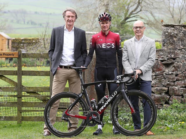 Cyclist Chris Froome with Team INEOS owner Sir Jim Ratcliffe (left) and principal Sir Dave Brailsford in Yorkshire, a county Ineos holds licences to frack