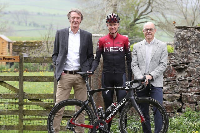 Cyclist Chris Froome with Team INEOS owner Sir Jim Ratcliffe (left) and principal Sir Dave Brailsford in Yorkshire, a county Ineos holds licences to frack