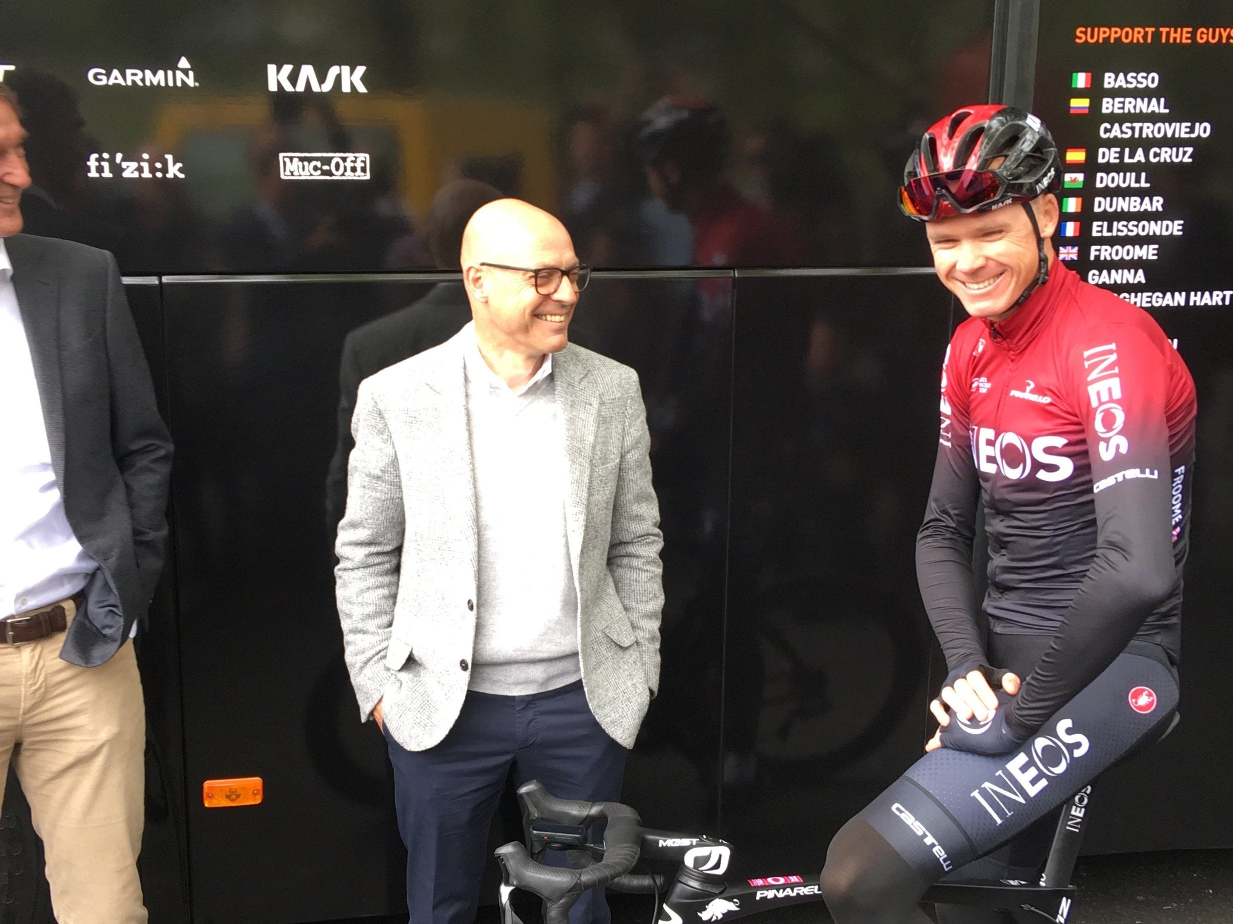 Chris Froome attends the launching of Team Ineos with general manager Dave Brailsford