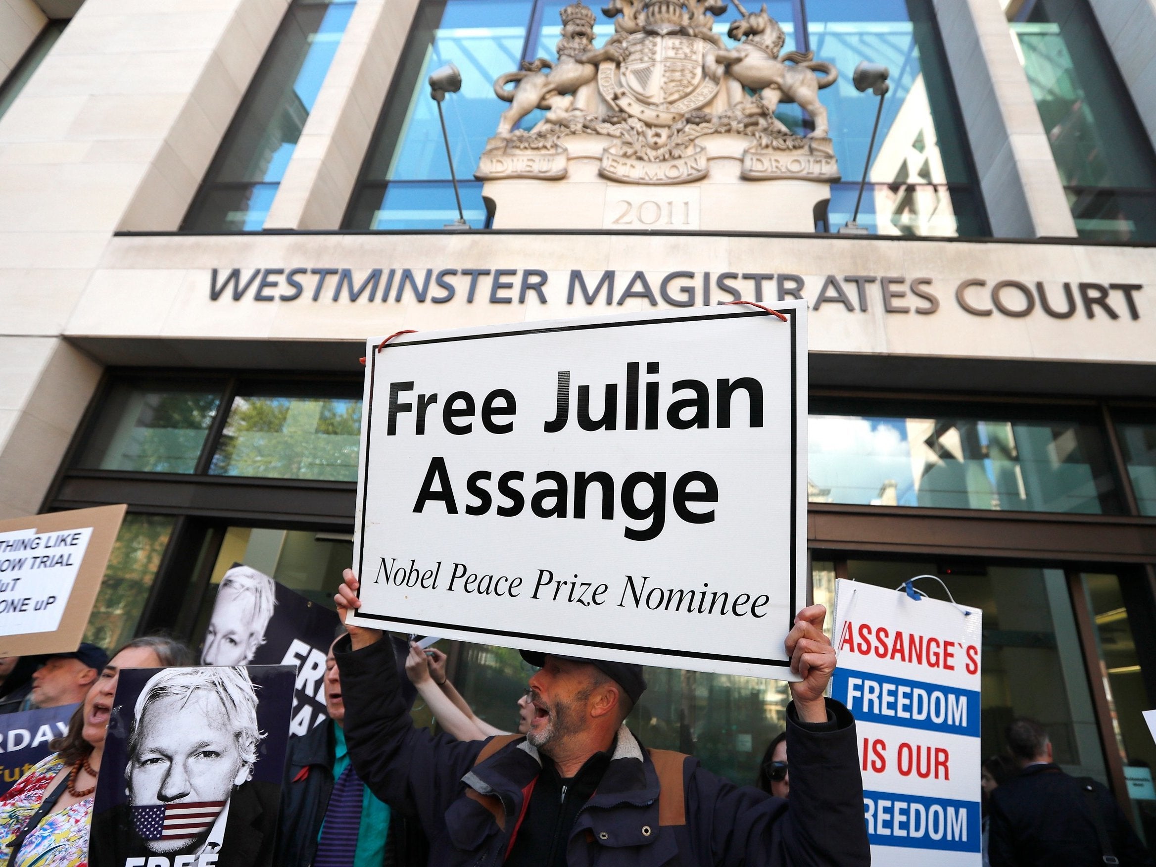 Pro-Assange protesters outside Westminster Magistrates’ Court today