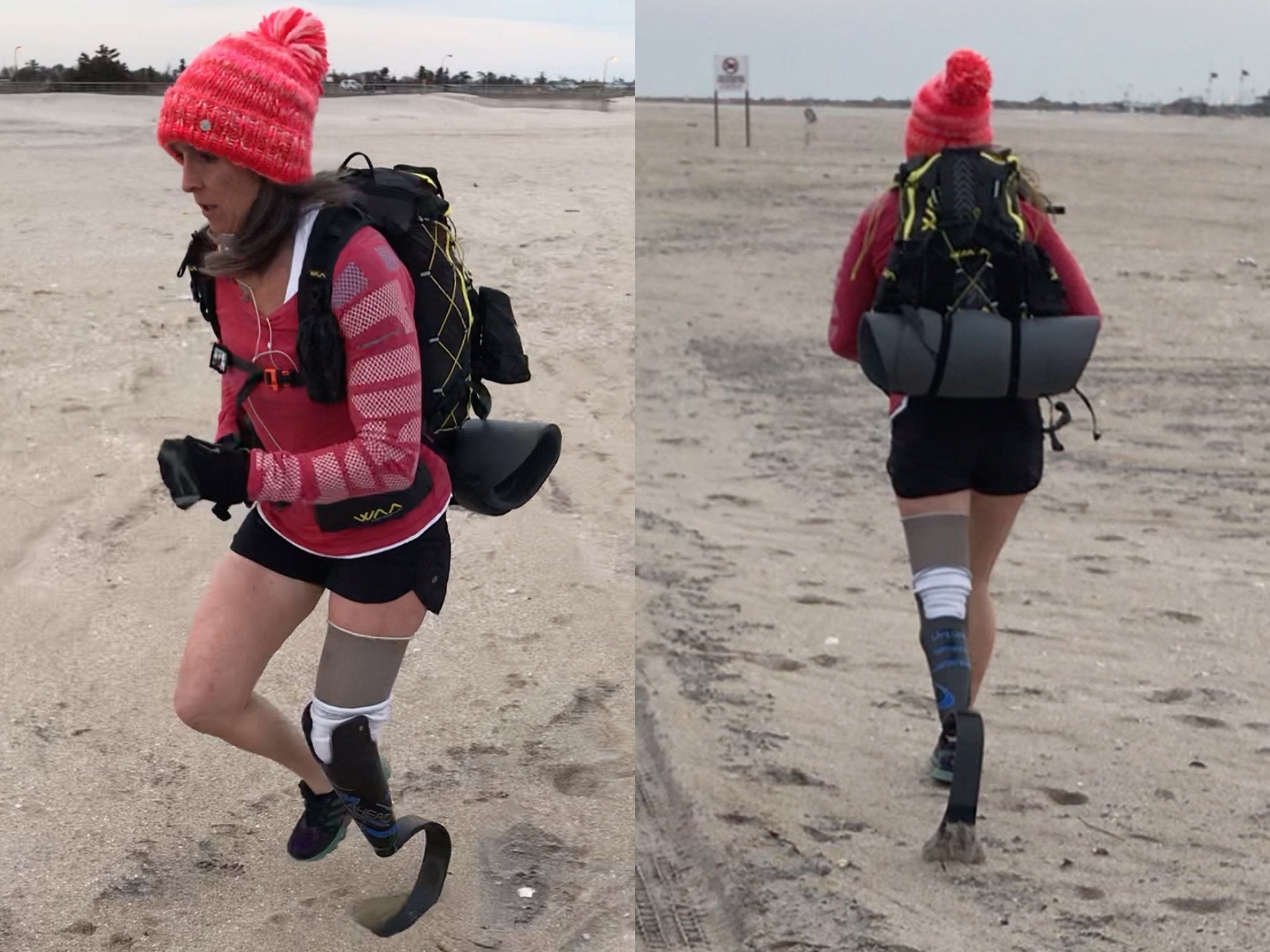 Palmiero-Winters tests her prosthetic leg in sand on Jones Beach in New York
