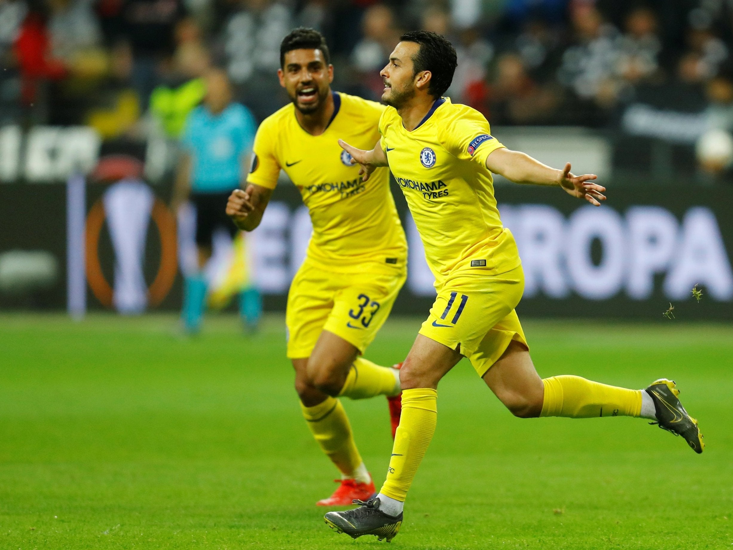 Pedro celebrates equalising for Chelsea