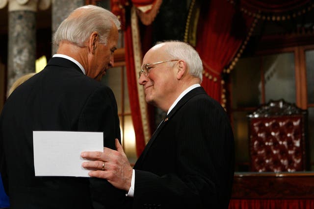 Joe Biden and Dick Cheney during a mock swearing-in ceremony on January 6, 2009