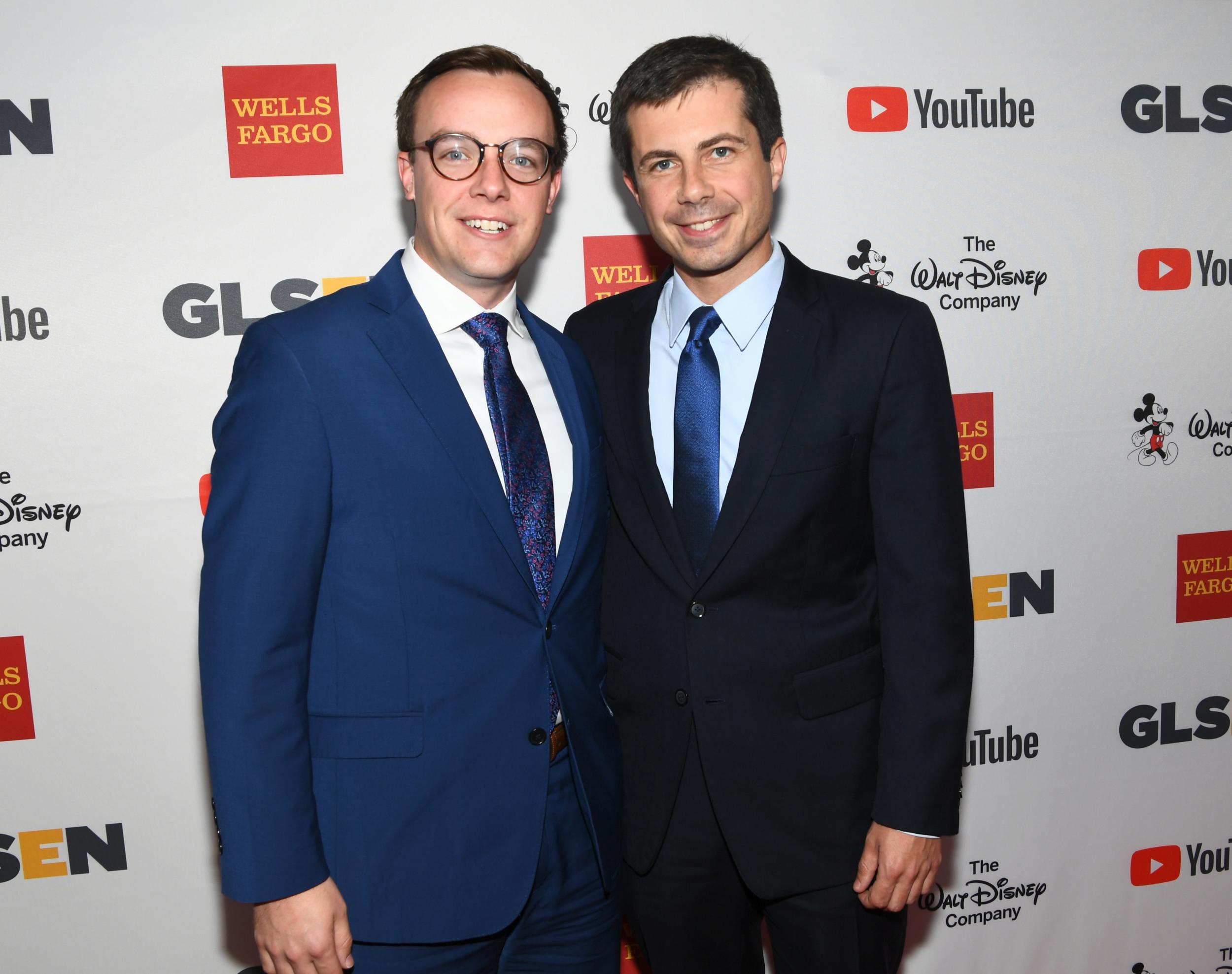 Chasten Glezman (L), and Mayor Peter Buttigieg at the 2017 GLSEN Respect Awards at the Beverly Wilshire Hotel on October 20, 2017 in Los Angeles, California