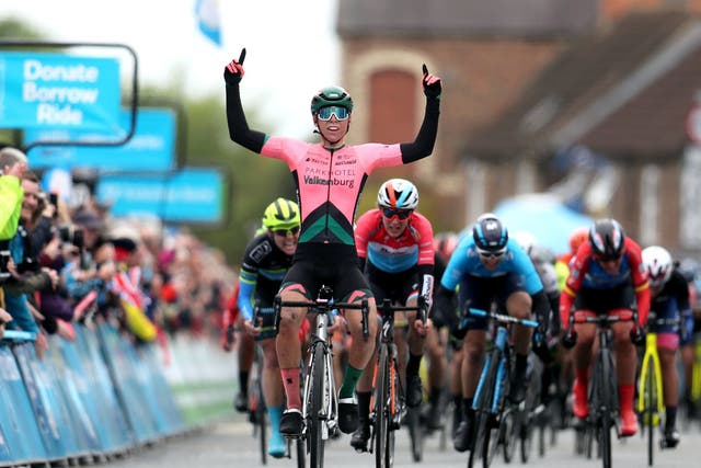 Lorena Wiebes celebrates winning stage one of the 2019 Women's Tour de Yorkshire