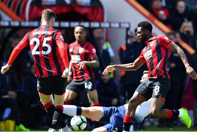 Tottenham's Juan Foyth fouls Bournemouth's Jack Simpson resulting in a red card