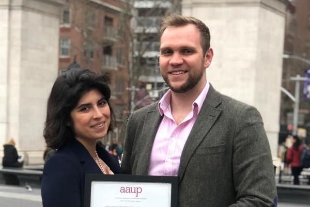 Matthew Hedges and wife, Daniela Tejada, in New York City with the American Association of University Professors (AAUP) Graduate Award for Academic Freedom