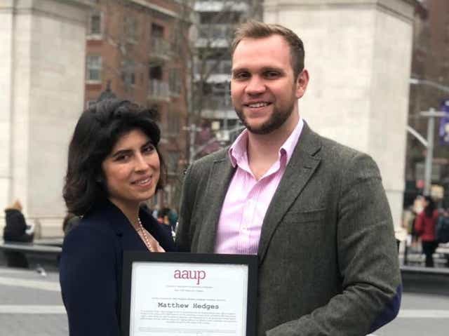 Matthew Hedges and wife, Daniela Tejada, in New York City with the American Association of University Professors (AAUP) Graduate Award for Academic Freedom
