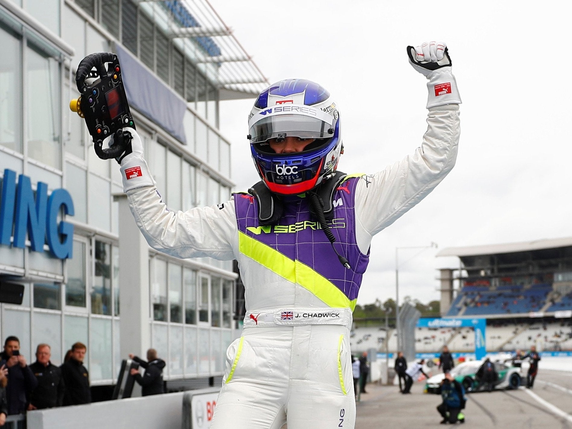 Chadwick celebrates becoming the first W Series race winner at Hockenheim