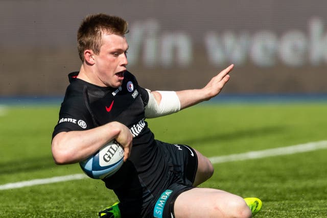 Nick Tompkins scores one of Saracens' six tries in the victory over Exeter Chiefs
