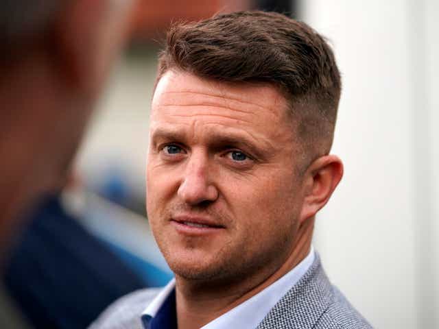 British far-right activist and pundit, Tommy Robinson (real name Stephen Yaxley-Lennon) speaks to supporters as he launches his election campaign for the forthcoming European Elections