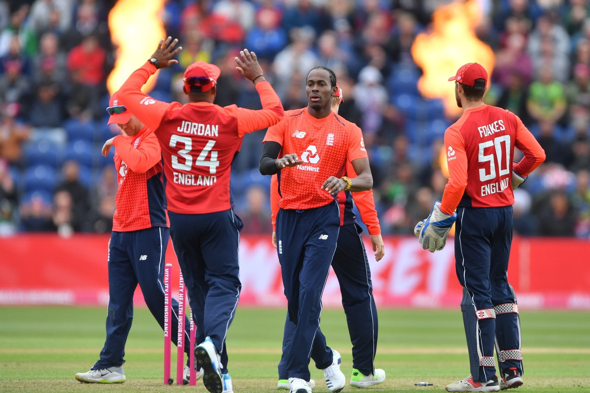 Chris Jordan (left) and Jofra Archer celebrate