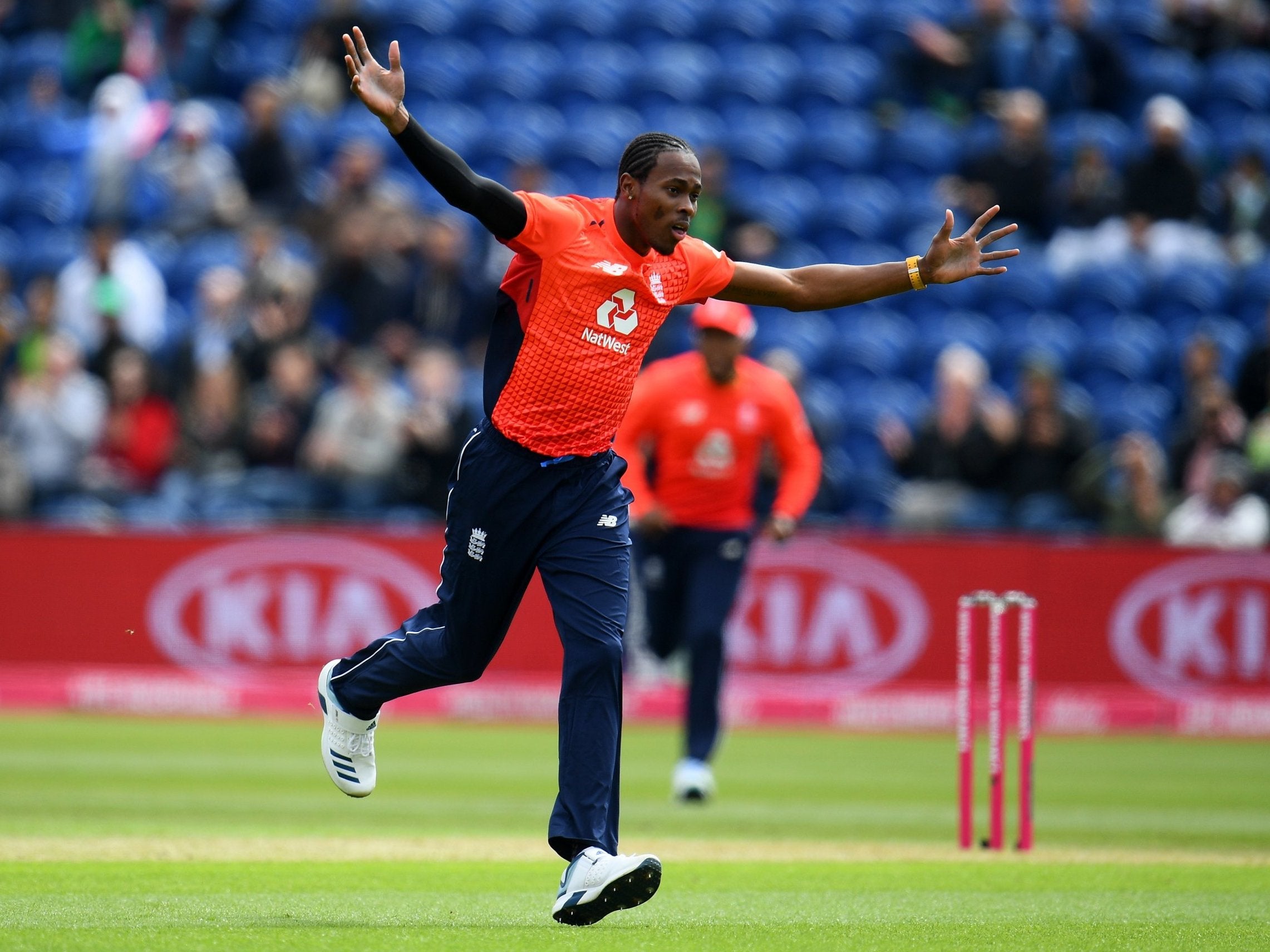 Jofra Archer celebrates taking his first T20 wicket