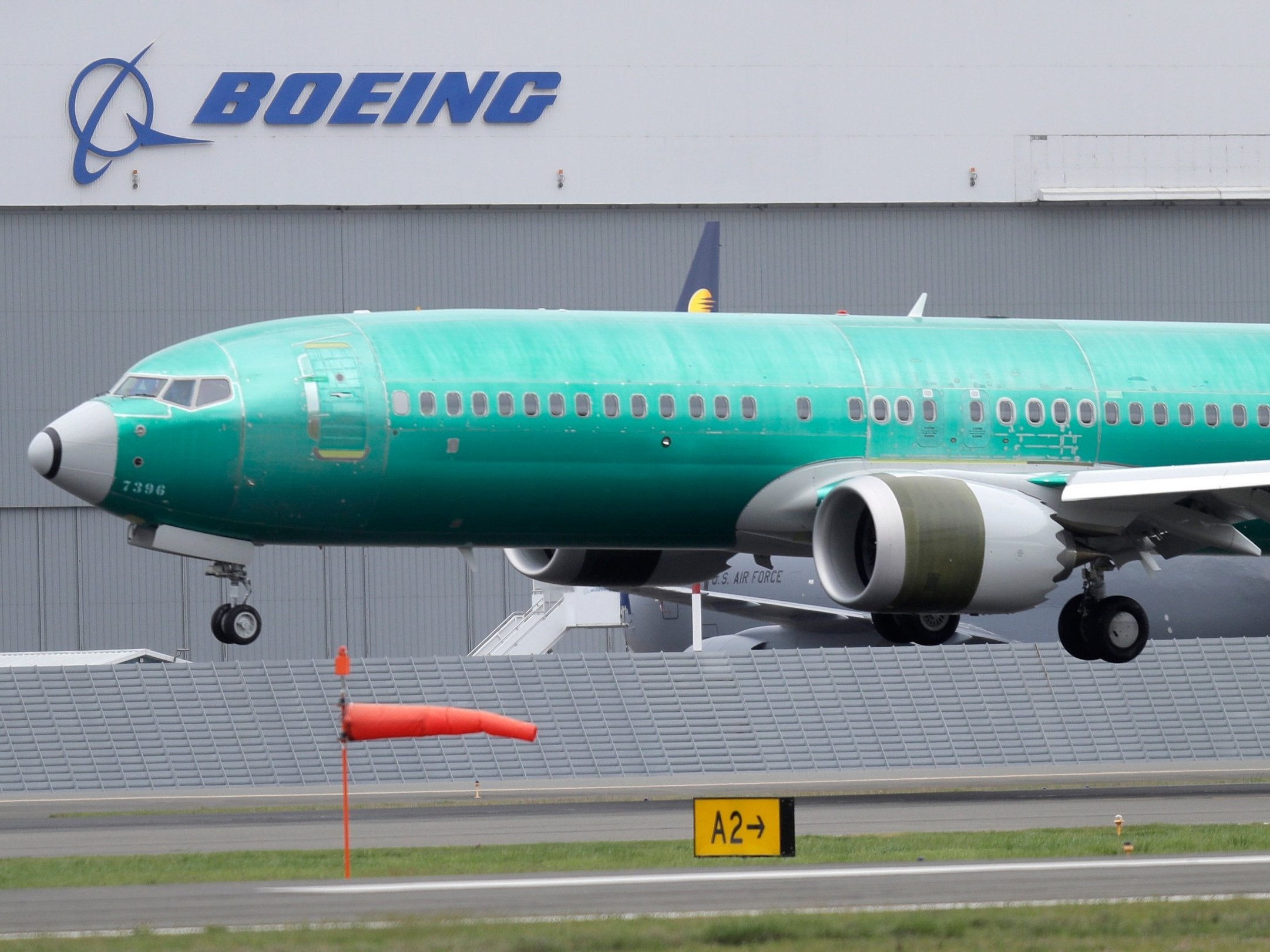 A Boeing 737 Max 8 aeroplane being built for India-based Jet Airways lands following a test flight at Boeing Field in Seattle