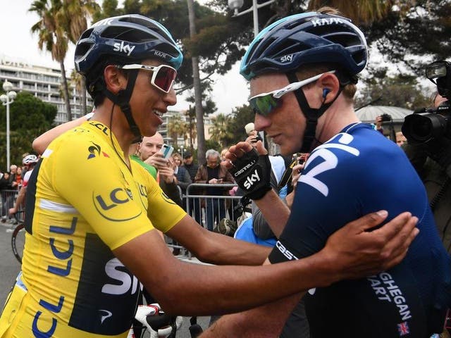 Egan Bernal and Tao Geoghegan Hart after the Colombian won Paris-Nice in March