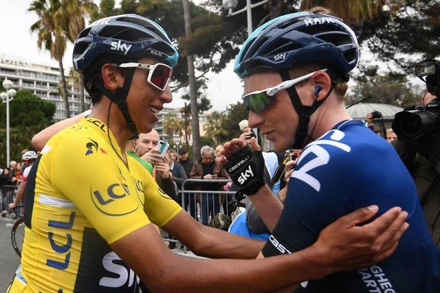Egan Bernal and Tao Geoghegan Hart after the Colombian won Paris-Nice in March