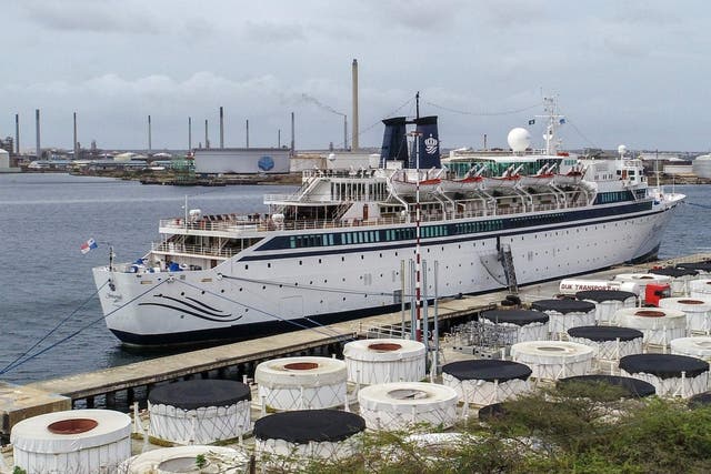View of the Freewinds -a Scientology cruise ship- anchored in Willemstad, Curacao, on May 5, 2019, quarantined because of a measles case