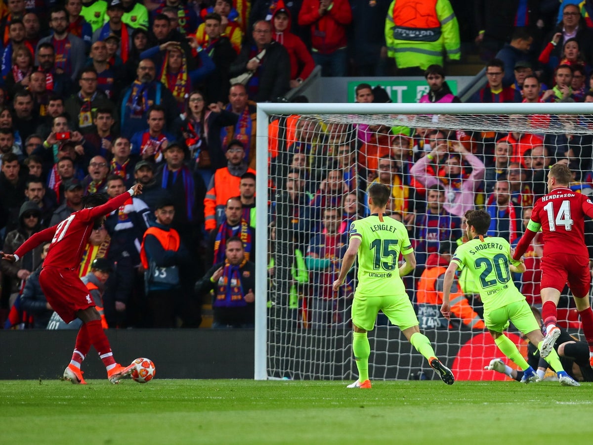 Watch Divock Origi Goal Watch Liverpool Take Lead Against Barcelona In Champions League Semi Final Second Leg The Independent The Independent