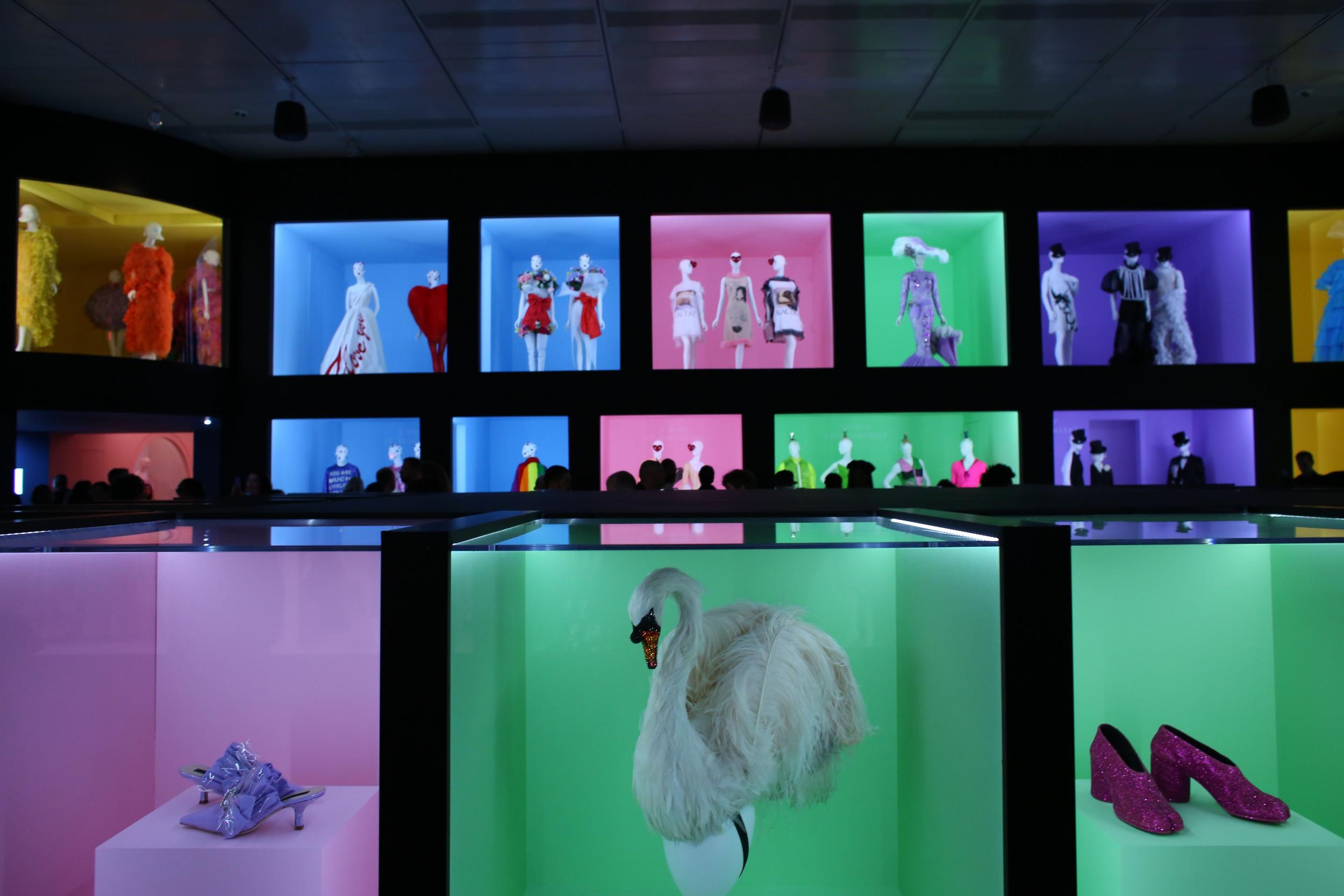 The piece ‘The more feathery romantic ballets’ by Giles Deacon (center) is on display at Camp: Notes on Fashion.