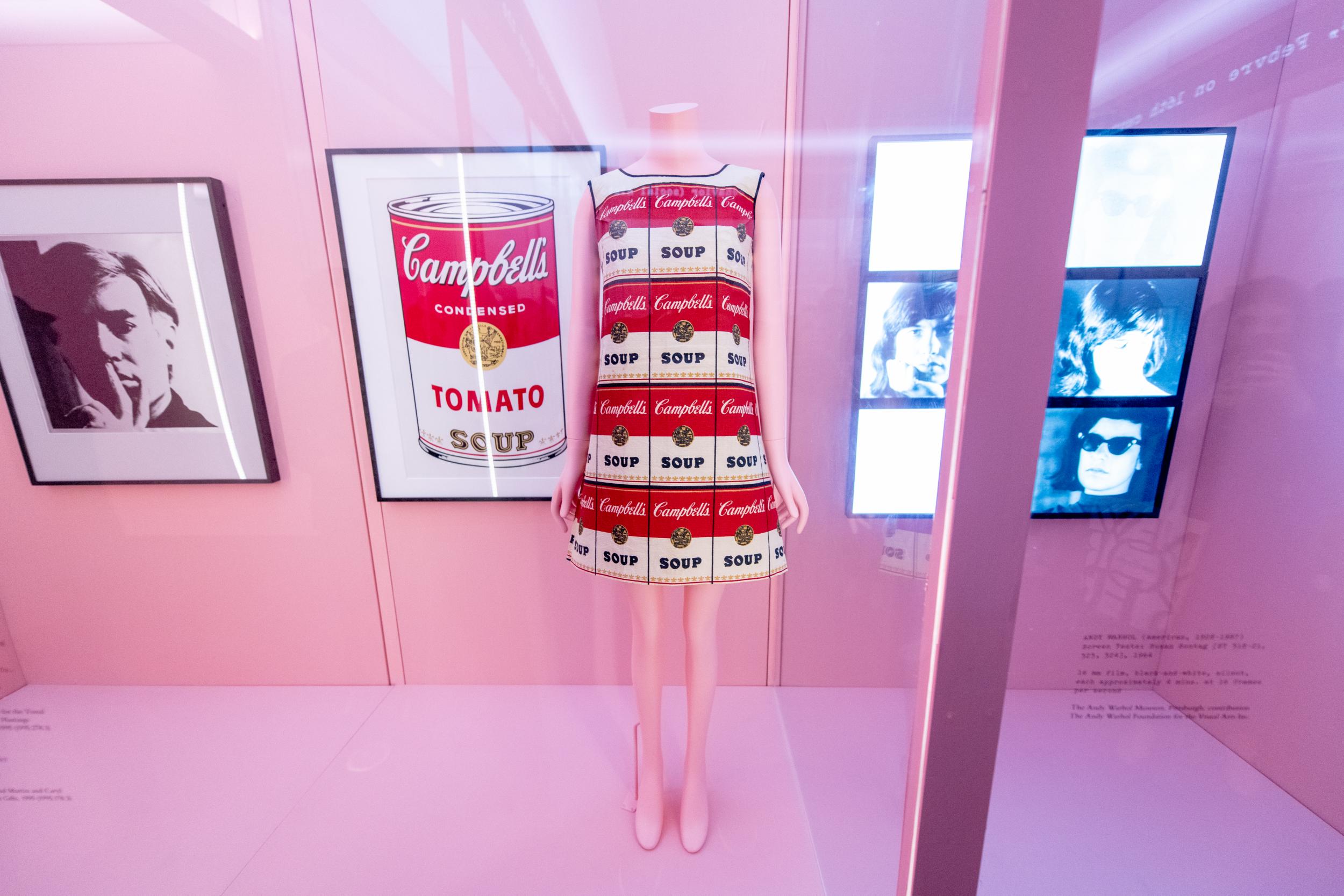 This sleeveless mini dress is printed with Andy Warhol’s famous Campbell’s tomato soup cans. (Photo by Roy Rochlin/Getty Images)