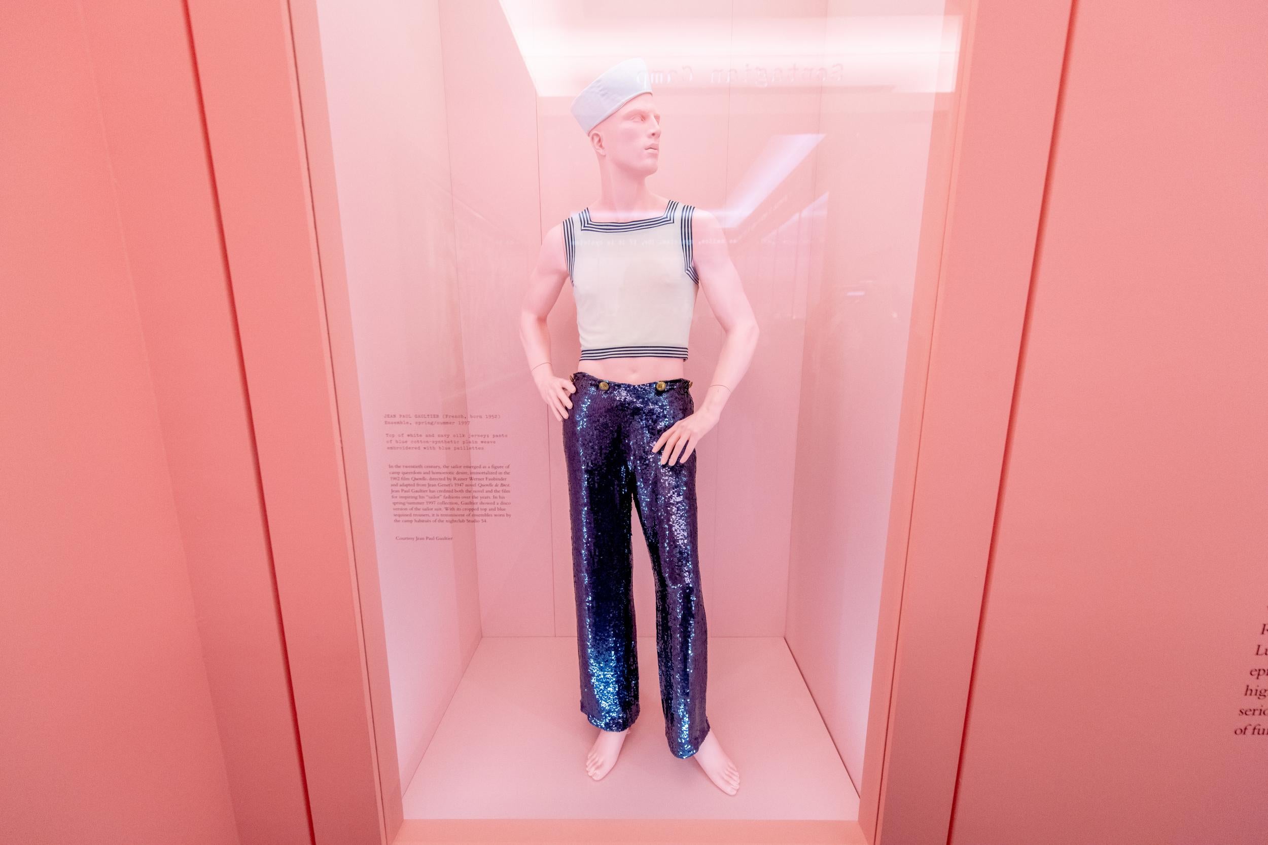 Jean-Paul Gaultier’s iconic sailor is reinvented in this disco version from 1997, complete with sequined trousers and a crop top. (Photo by Roy Rochlin/Getty Images)