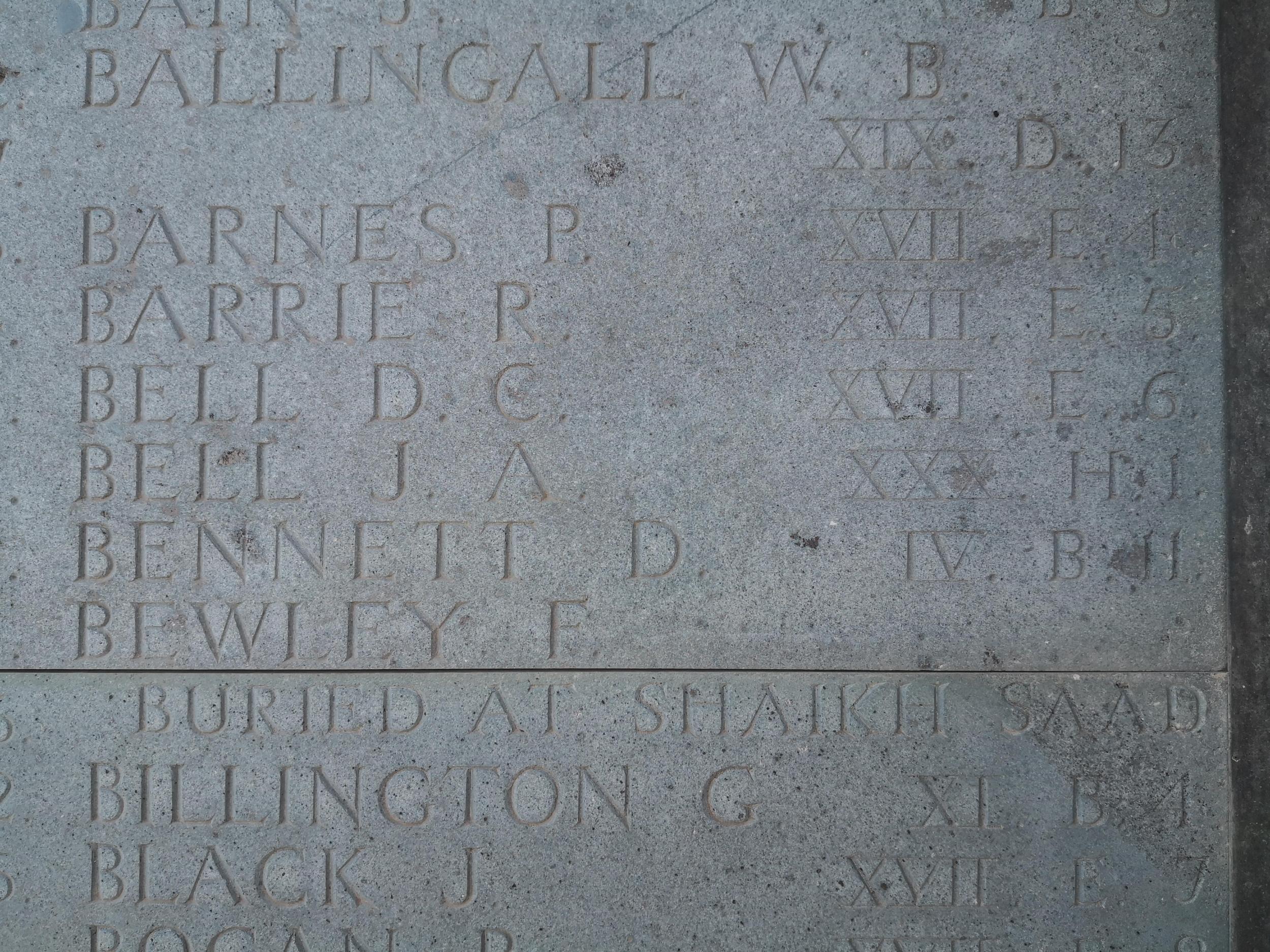 His name still carved in stone: ‘D C Bell’ on the wall of Amara cemetery under the badge of the Black Watch